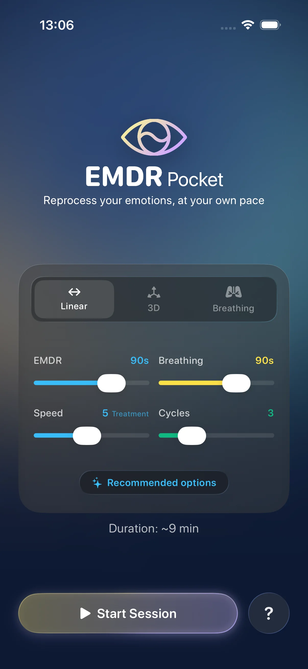 Controls for adjusting the duration, pace, and cycles of an EMDR Pocket session
