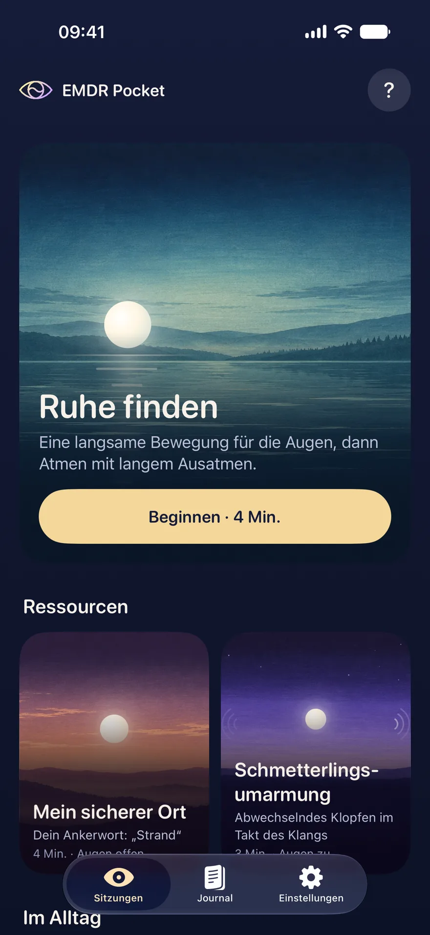 Der Startbildschirm von EMDR Pocket: die Sitzung „Ruhe finden“ vor einem See in der Dämmerung, mit der Schaltfläche „Beginnen · 4 Min.“