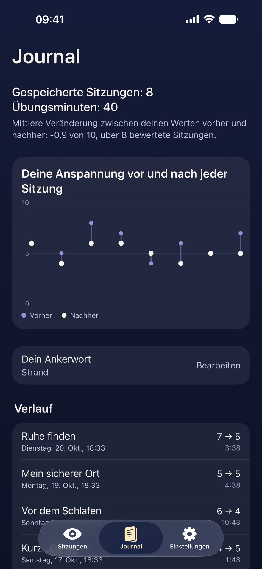 Das Journal von EMDR Pocket mit den Werten der Anspannung vorher und nachher
