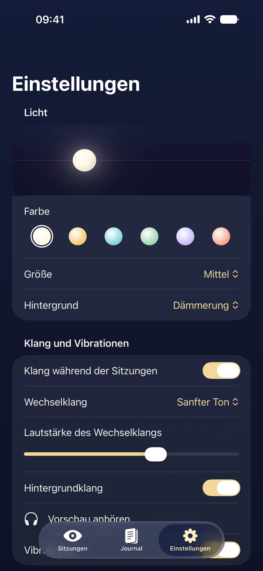 Die Einstellungen für das Licht: Farbe, Größe und Hintergrund, darunter Klang und Vibrationen