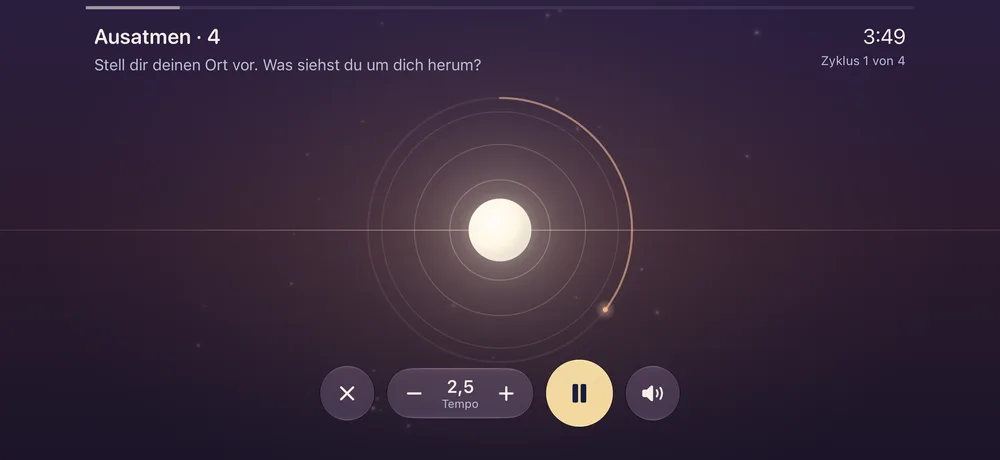 Die Sitzung „Mein sicherer Ort“ im Querformat: das Licht ruht auf dem Horizont, darüber die Anweisung „Ausatmen“, darunter die Schaltflächen für das Tempo