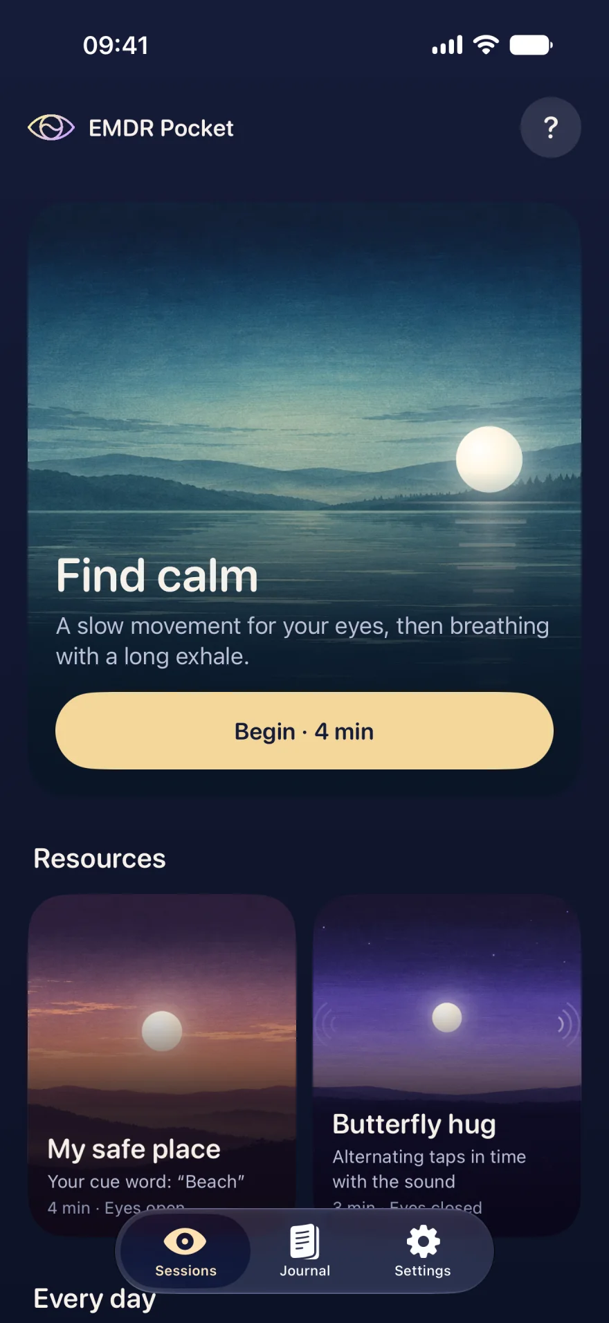 The EMDR Pocket home screen: the Find calm session over a lake at dusk, with a Start, 4 min button.