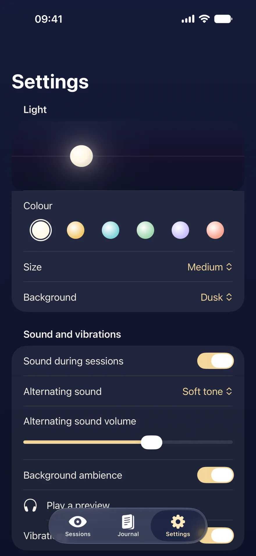 Light settings: colour, size and background, then sound and vibration