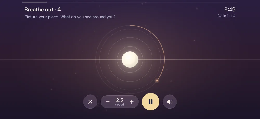 The My safe place session in progress, in landscape: the light resting on the horizon, the Breathe out prompt and the speed controls