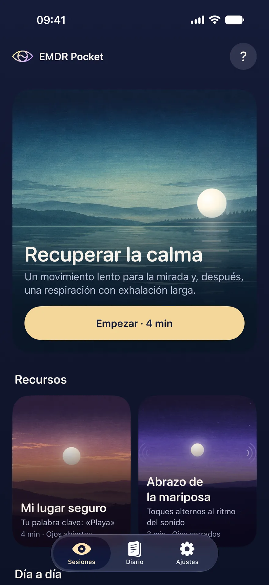 La pantalla de inicio de EMDR Pocket: la sesión Recuperar la calma sobre un lago al atardecer, con el botón Empezar, 4 min.