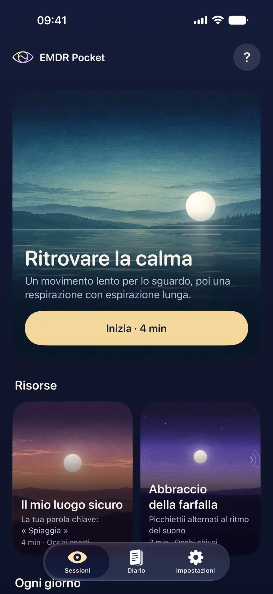La schermata iniziale di EMDR Pocket: la sessione Ritrovare la calma su un lago al crepuscolo, con il pulsante «Inizia · 4 min».