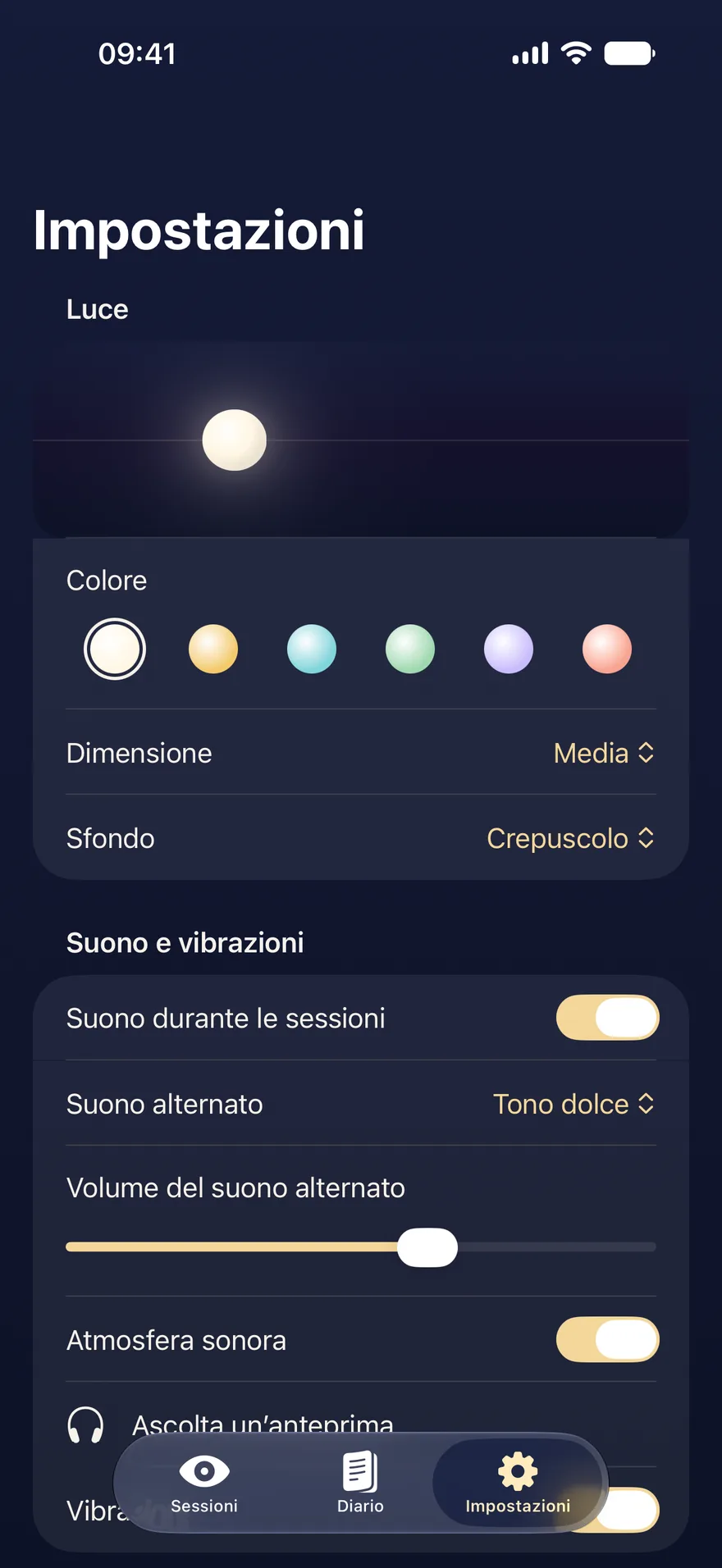 Le impostazioni della luce: colore, dimensione e sfondo, poi il suono e le vibrazioni