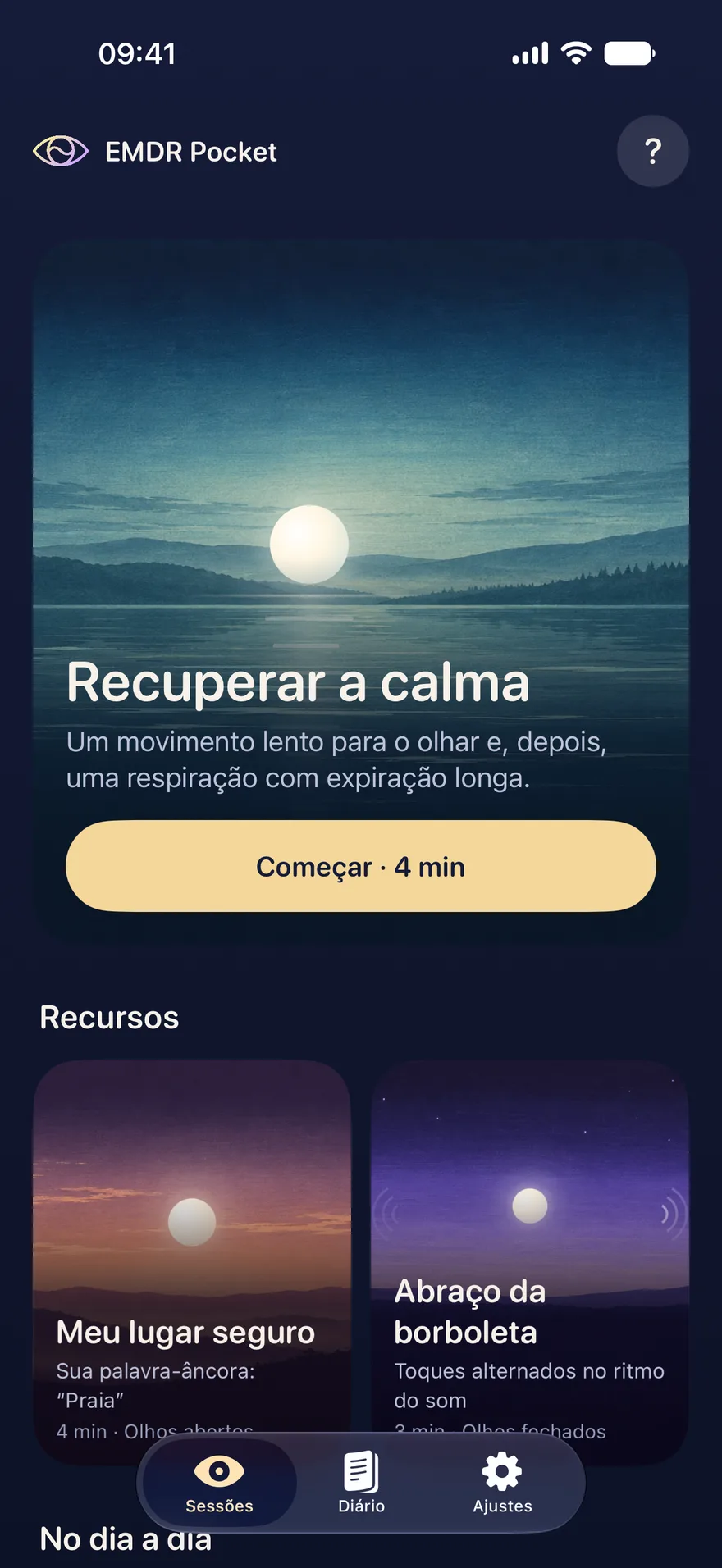 A tela inicial do EMDR Pocket: a sessão Recuperar a calma sobre um lago ao entardecer, com o botão “Começar · 4 min”.