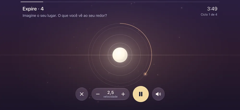 A sessão Meu lugar seguro em andamento, com o celular na horizontal: a luz pousada no horizonte, a orientação “Expire” e os controles de velocidade